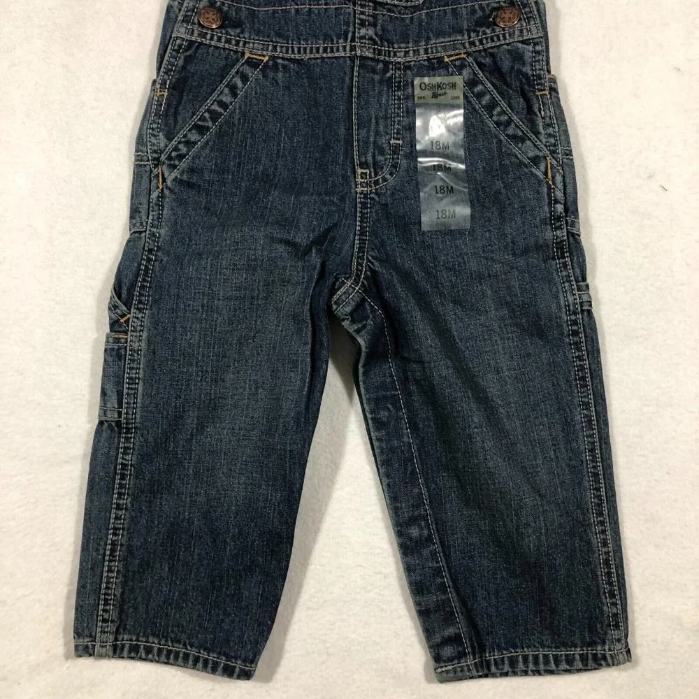Oshkosh B'Gosh Kids 18 Months Toddler Bib Overalls Blue Dark Wash Snaps NEW NWT